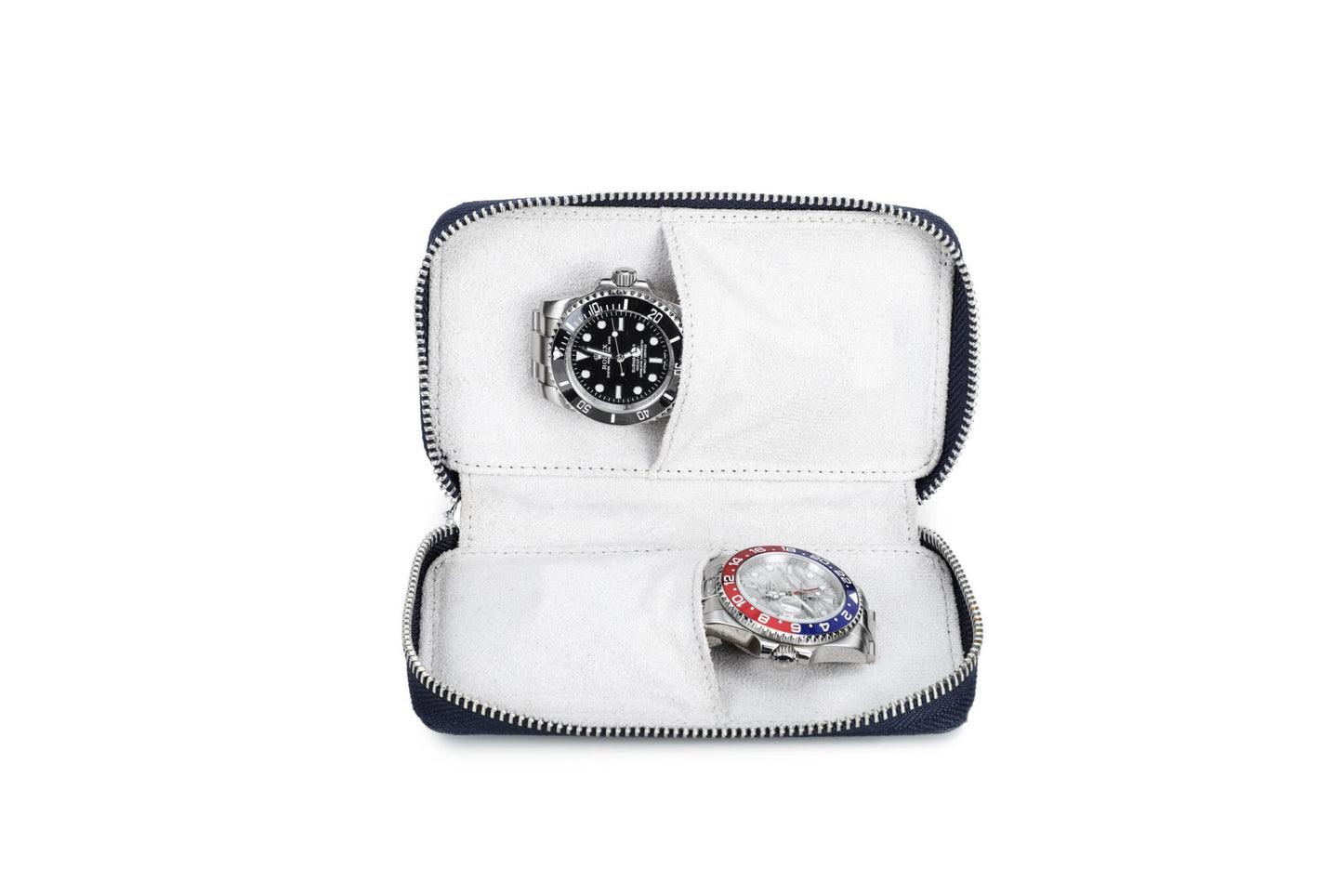 Син кейс за два часовника от естествена кожа